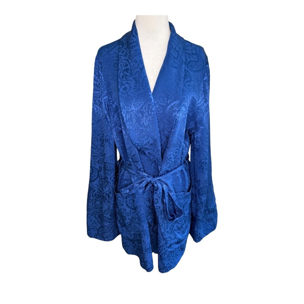 NEW TOPSHOP Tie Waist Jacquard Blazer In Navy Belted Kimono Jacket Blue US 8